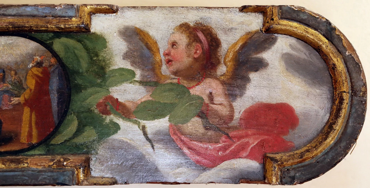 Croce penitenziale con la Madonna del Rosario, san Domenico e i misteri del Rosario - Chiesa di San Pietro, Vaglia, Firenze, dettaglio